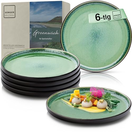 SÄNGER Greenwich Teller Set 6 Personen, Steingut Geschirr Set 6 teilig | Speiseteller Essteller Dinner Set kratzfest Plates Set spülmaschinenfest, Steingut Speise Teller ggrün