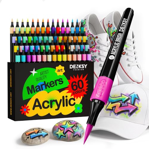60 Colours Acrylic Paint Markers Set | Brush Tip Colouring Pens | Art Markers Set | Water-Based Acrylic Paint Pens for Rock Painting, Ceramic, Wood, Glass, Canvas, Stone, Fabric, DIY Craft Projects