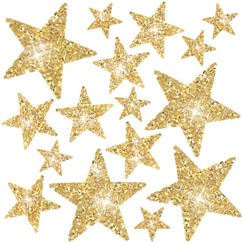 Ouligay 16 stycken stjärnlappar att stryka på Guld stjärnbilder för textilier, strass stjärnlappar att stryka på Guld strass bügelflickenlappar för kläder, klänning, byxor, jeans, hattar, väskor