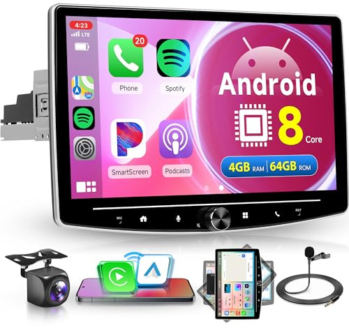 8 Core 4G+64G Inalámbrico Carplay Android Radio de Coche 1 Din 10.1 Pulgadas Giratorio Touchscreen Radio Coche con Android Auto GPS Navi WiFi Mirror Link Bluetooth FM/RDS/DSP EQ/USB/SWC Cámara Trasera
