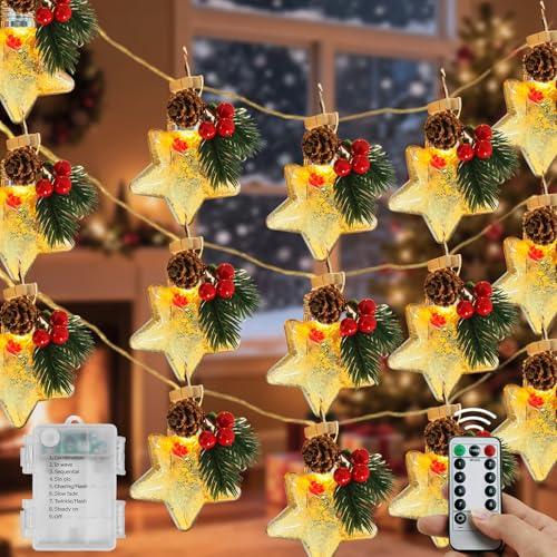 Lichterkette Sterne, Weihnachts Lichterkette, Weihnachtsbeleuchtung, Weihnachtsdeko Glühbirnen mit Pinecone Clamp, Weihnachten Deko Lichtervorhang für Innen Außen Fenster Tannenbaum Garten Party