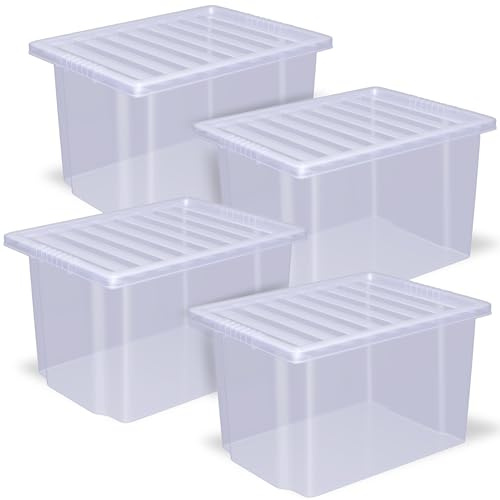 Zooblaze - Pack of 4 x 30 Litre storage boxes with lids, Clear & Large stackable storage boxes, Multipurpose under bed storage box with lid for Office, Garage, Clothes & home storage