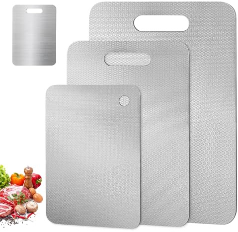 Lot De 3 Planche A Decouper Inox, Planche À Découper En Acier Inoxydable, Planches À Découper En Titane Double Face, Planche À Découper Pour La Viande, Le Pain, Les Légumes Et Les Fruits