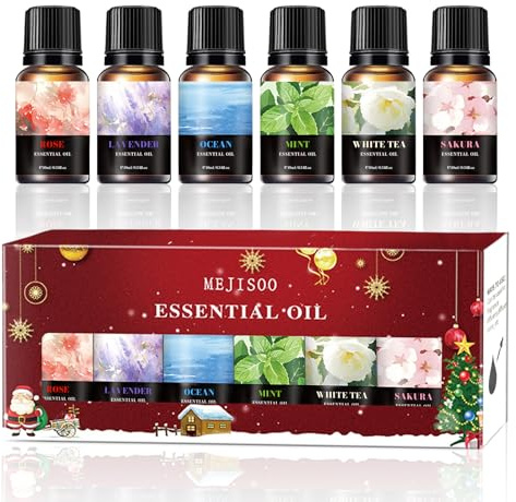 Juego de aceites esenciales florales para difusor, 6 x 10 ml, aceite aromático de aromaterapia, aceite aromático de aromaterapia, set de regalo, para jabón, velas, humidificador, regalo para Navidad