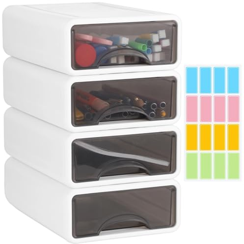 yeesport 4 Pcs Space-Saving Stackable Desk Organizers for Home Office, Plastic Storage Drawers, White Frame with Transparent Grey Drawers, Includes 4 Sticker Sheets