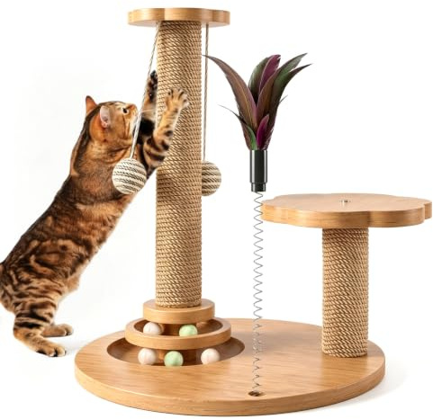 Cat Scratching Post for Indoor Cats, Self Pleasure and Relaxation Integrated Style Kitten Scratcher Post with Sisal Rope Track Ball & Feather Toys, Sturdy Wooden Base Cat Scratching Pole