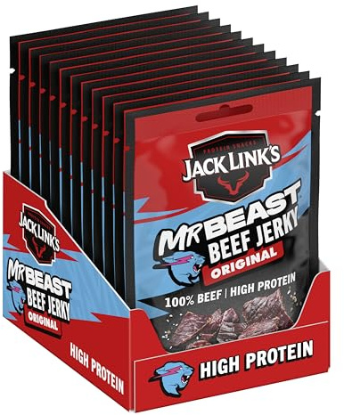 Jack Link’s Beef Jerky Original - MrBeast Edition - Pack de 12 (12 x 25g) Snack Riche en Protéines - Viande Séchée de Bœuf Style Américain - Snack Fitness, Sport et Outdoor