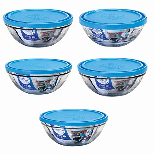 Duralex - Service de 5 saladiers ronds avec couvercle bleu Lys - diamètre 12 / 14 / 17 /20,5 / 23 cm