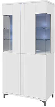 Standvitrine Marokko 90/200 MR12 inkl. LED Beleuchtung, Vitrinenschrank, Stauraumvitrine, Glasvitrine, Hochschrank, Wohnzimmer, Highboard, Schrank (Weiß/Weiß Hochglanz)