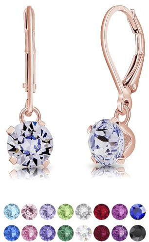 Pendientes Colgantes Plata de Ley 925 Chapados Oro Rosa 18K con Brillantes de Cristal Lila/Lavanda 6 mm - Joyería Regalo Mujer Oro Rosa