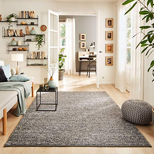 Steffensmeier Handwebteppich Rotach | Schurwolle Mit Fusselstopp, gewalkt, Anthrazit, handgewebt, Größe: 90x160 cm Wohnzimmer und Schlafzimmer
