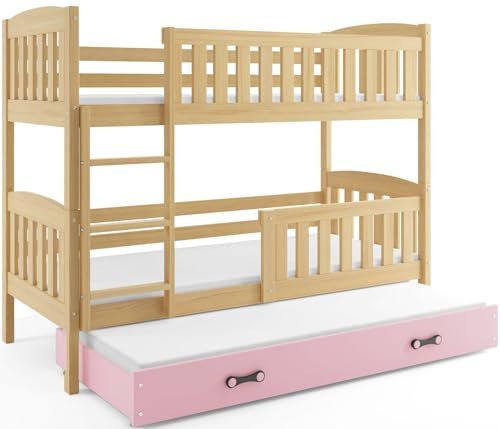 Interbeds Etagenbett QUBA 3-Sitzer, 200 x 90 cm, mit Lattenrosten und Matratze, in Weiß, Grau oder Kiefer natur (Kiefer + Rosa)