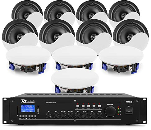 Power Dynamics NCSP5 Commercial Ceiling Speaker System – 240W 4-Zone Bluetooth Amplifier, 12 x 5.25 Ceiling Speakers & Installation Cable – Ideal Restaurant & Office Background Music