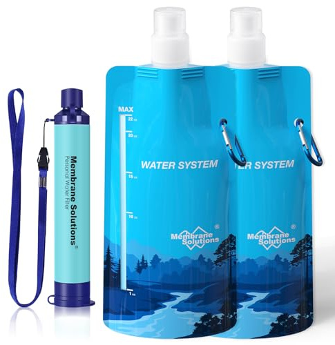 Membrane Solutions Squeezable Water Filtration System, Survival Water Purifier Kit, Portable Backpacking Gear Including Water Filter Straw and 23oz Collapsible Bottle for Hiking Camping Travel(1+2)