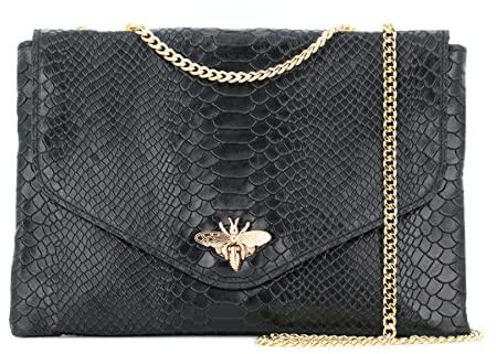 Double Tree - Sac A Main Bandoulière Chaîne En Cuir Véritable Motif Serpent - Sacoche Relief Abeille Doré - Pochette Enveloppe Fantasie Soirée Cérémonie - Mode Designé - Noir