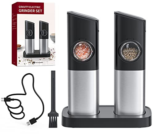 CIRCLE JOY Schwerkraft Salz und Pfeffermühlen Elektrische 2er Set Wiederaufladbare Gewürzmühle mit Doppelter Ladestation, Staubdichter Abdeckung, Bürste, Weißem LED-Licht, und Einstellbarer Grobheit