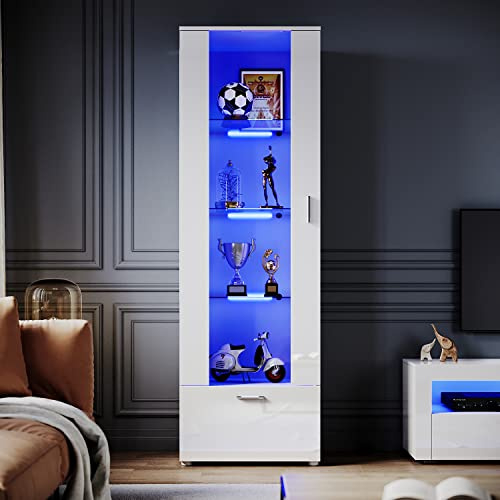 ELEGANT Tall Display Cabinet Sideboard Cupboard Unit Furniture, 187x60x40cm | Clear Acrylic Carcass with White High Gloss Finish, Multicolour LED Lights with Remote, Modern Storage Unit for Living Room