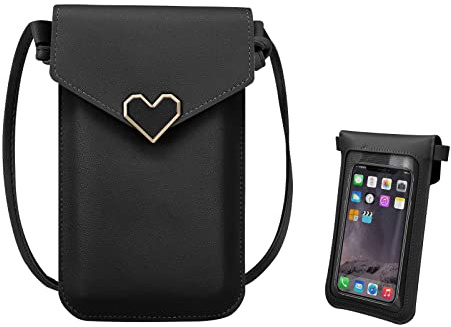 FuninCrea Borsa a Tracolla per Cellulare Donna, Piccola con Finestra Touch Screen, Mini con Scatto in Metallo, in PU Pelle (Nero)