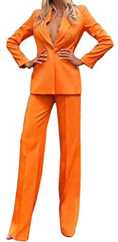 ORANDESIGNE Hosenanzug Damen Festlich Elegant Business Anzug 2 Teiler Abendrobe Outfit Set Langarm Anzugjacke und Anzughosen Zweiteilig Büro Slimfit Formal Modern Festlicher Suit E-Orange XL