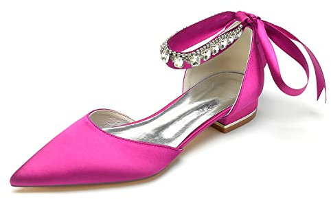 Scarpe da sposa con cinturino alla caviglia in raso da donna per scarpe da sposa a punta da promenade da sera da sposa, Fucsia, 42 EU