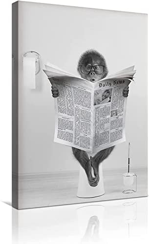 MKHFUW Moderne Leinwand Wandkunst Lustige Tiere, Die auf der Toilette Sitzen, Zeitungsbilder Lesen Badezimmer Schlafzimmer Poster, Rahmenlos (Affe,30 x 40 cm)