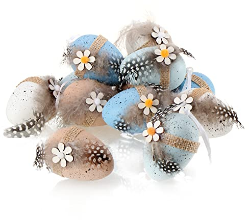 COM-FOUR® 12x Uova di Pasqua da appendere 7 x 5 cm, con piume e fiore di legno - uova di Pasqua colorate in stile uovo di quaglia - gancio per il cespuglio di Pasqua in plastica