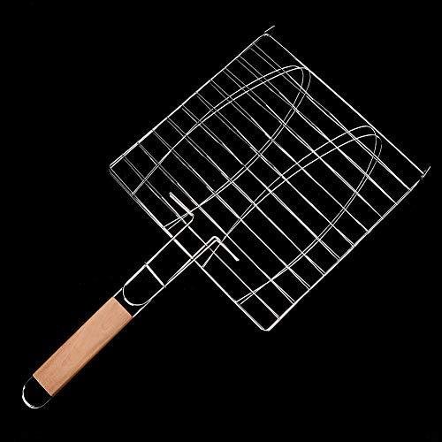 Fish Grilling Basket Stainless Steel BBQ Fish Grill Basket with Detachable Wooden Handle Fish Grill Rack Meat Burger Long Handle Mesh Basket Folding Stand Folding Portable BBQ Grill Basket