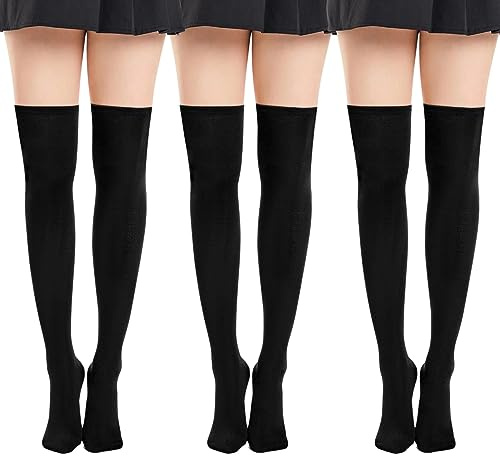 Ammiko Womens Thigh High Socks Cotton Over the Knee Socks Long Knee High Socks Casual High Stockings for Women Black/Black/Black