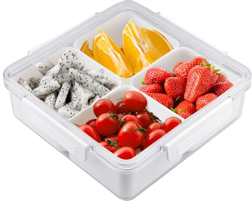 Divided Serving Tray with Lid, Meal Prep Containers Reusable Square Plastic Serving Tray, Removable Compartments Fruit Vegetable Snack Tray Container with 4 Compartments for Refrigerator (squared)