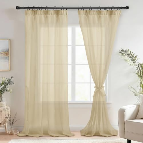 DWCN Voile Vorhänge mit Kräuselband Leinenoptik 2 Stücke Halbtransparent Vorhänge für Wohnzimmer,Durchsichtige Gardinen Extra Lang,Beige,260x140cm (Höhe x Breite)