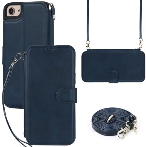 ELTEKER Hülle für iPhone 7/8/SE2020/SE2022 Handyhülle mit Band Crossbody Strap, Klapphülle mit dem Verstellbaren Umhängeband - Blau