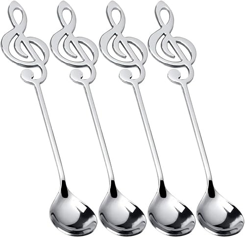 Set de 4 Cucharas de Café y Postre en Forma de Nota Musical, Acero Inoxidable