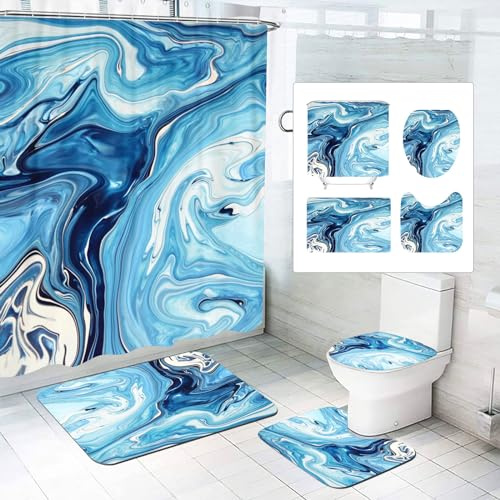 SMchwbc Marmor Duschvorhang 180x180 180x200 Schwarz Gold Grün Muster Textil Set Polyester Shower Curtains Badezimmerteppich 4-teiliges Set (180 x 200 cm(BxH),5)