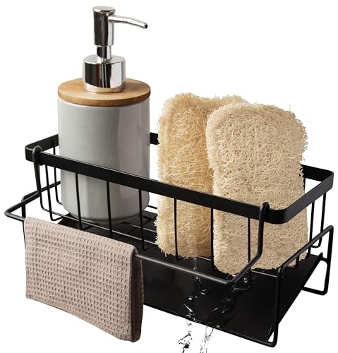 Mapouji | Soporte para Estropajo y Esponja de Cocina Acero Inoxidable | Organizador Fregadero Negro Compacto Sink Holder | Escurridor Porta Accesorios Escurre Trapos | Estropajero Sponge Drainer Rack