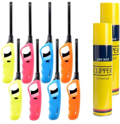 8 Encendedores Mecheros Cocina Barbacoa + 2 Clipper Botella Gas 300 ml, Gas Sirve para Recargar Soplete de Cocina, Azul