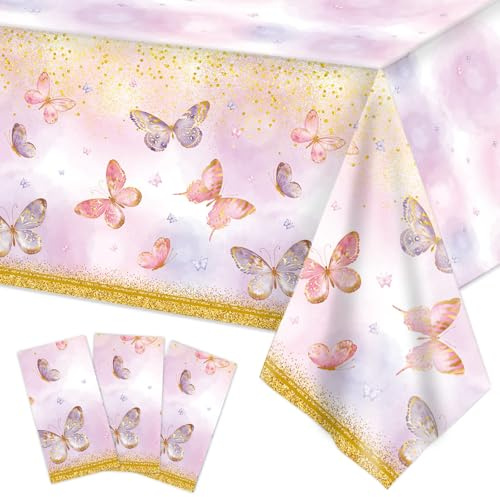 Frigg 3 manteles de color rosa y lila para decoración de fiesta, 220 x 130 cm, desechable, mantel pastel para decoraciones de fiesta rosa, cumpleaños de mariposa, baby shower, bautizo