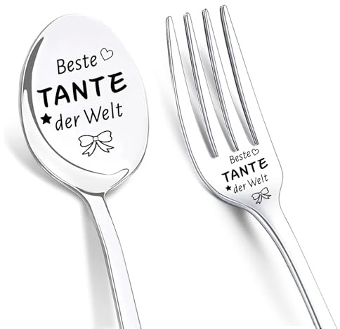LIHIQIYA Geschenke für Tante Weihnachten, 2er Kaffeelöffel mit Gravur, Gabeln mit Gravur, Beste Tante Der Welt, Löffel und Gabelnl Geschenke Set, Teelöffel Kuchengabeln Geburtstagsgeschenk für Tante