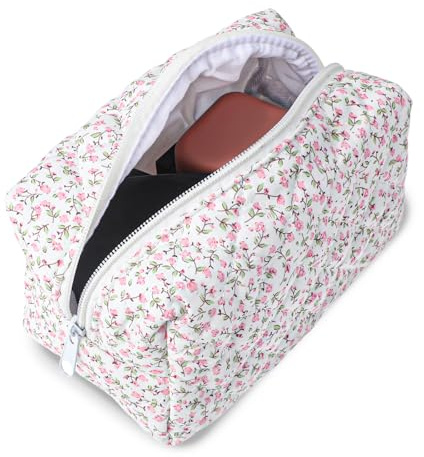 JJUNW Blumenmuster Kulturtasche, Tragbare Makeup Tasche Kosmetiktaschen | Winter Toilettenartikel Schminktasche Handtasche Reißverschluss Organizer Tasche Münztasche für Mädchen Frauen (rosa)