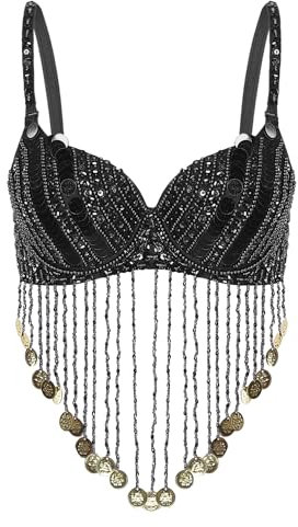 YiZYiF Damen Bauchtanz BH Pailletten Bra Mit Münzen Fransen Sexy Rumba Samba Oberteil Tanzkleidung Top Karneval Party Clubwear Schwarz Einheitsgröße