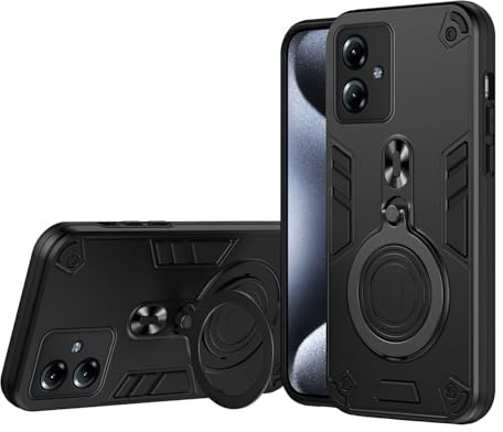 ILING Funda para Motorola Moto G14, Ultradelgado Mate Antigolpes Carcasa, Dura PC + Silicona TPU Bumper Armadura Cubierta con 360° Metal Anillo Soporte (Negro)