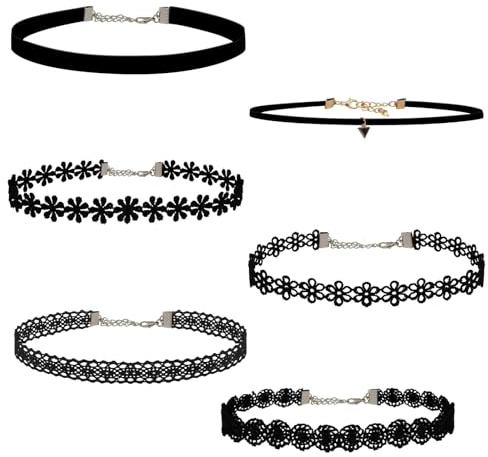ASOMI 6 Stück Spitzenhalsketten, Chokerhalsketten für Frauen, Punkstil, Schwarze Choker, Choker für Frauen