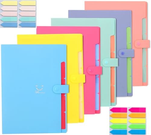 6 Stück Fächermappe A4, Dokumentenmappe A4 Fächermappe Veranstalter Datei Organizer 5 Fächer Erweiterbar Tragbar Dokumentenmappe für Zuhause oder Büro Dokumente Papiere, 6 Farbe