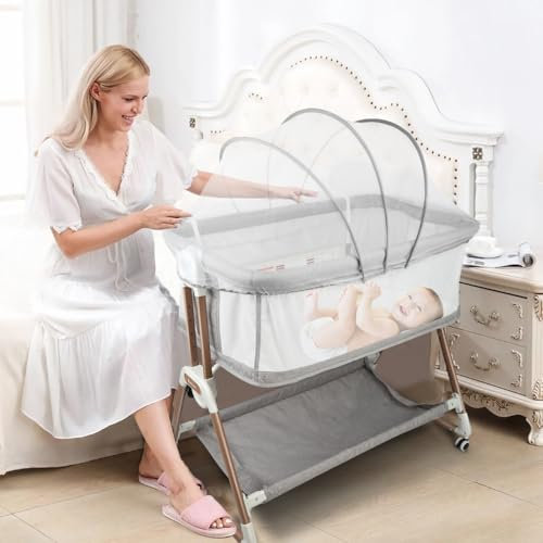 OHMG 3 in 1 Beistellwiege mit Matratze und Moskitonetz, Reisebett, tragbar, mit Rollen, Babywiege mit 4 Höheneinstellungen, Grau, 90 x 60 x 90 – 115 cm