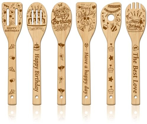 GLOBLELAND 6 Pièces Ensemble D'Ustensiles de Cuisine en Bois Sculpté en Bambou Cuillères en Bois Spatules Gravées en Bois pour Mère l'amie Femmes Cadeau de Pendaison de Crémaillère Amusant