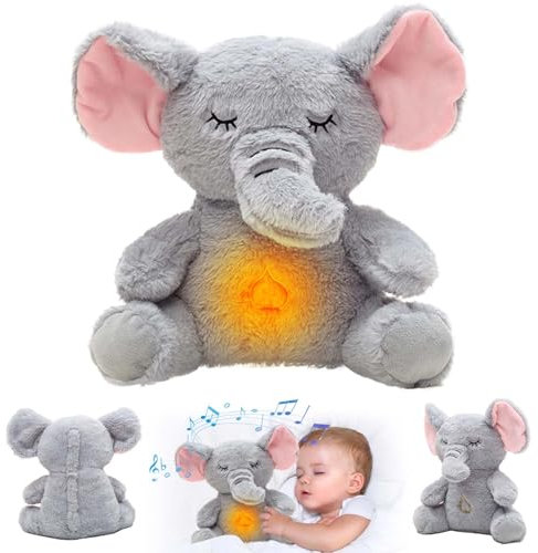 WELLXUNK Schlummer Elefanten Kuscheltier mit Herzschlag, Atembewegung und Musik, Baby Einschlafhilfe, Babyparty und Neugeborenen Geschenk
