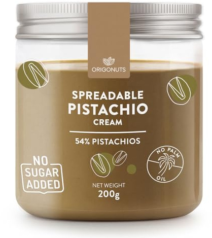 ORIGONUTS, Pasta di pistacchio 54% Pistacchi, Crema di pistacchio - Base per torte, creme, dessert, gelati, pasticceria, cioccolato Dubai - Senza coloranti, senza olio di palma - 200 g, Senza zucchero
