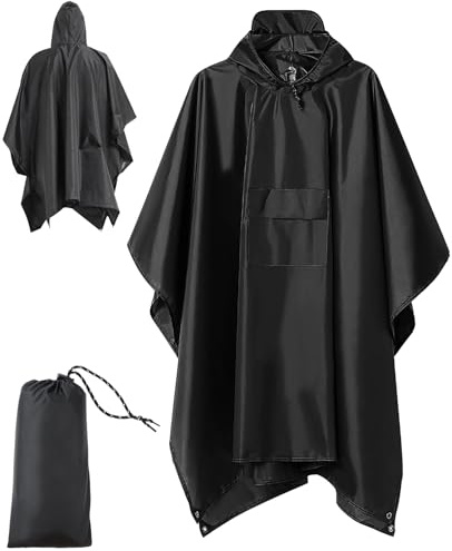 Hjh Poncho Waterproof Adult, Reusable Rain Poncho Adult Waterproof, Lightweight Waterproof Poncho, Rain Coat With Hood For Outdoor Camping Hiking Cycling Traveling, One Size, Black
