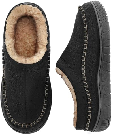 MIXIN Mens Slippers Indoor Outdoor Memory Foam Warm Fuzzy Fluffy Comfy House Shoes Anti-Slip Moccasin Slippers Black Padded Size 10