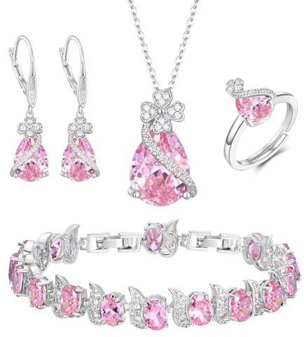 EVER FAITH 4 Stk Klee-Schmuck-Set Birne geformt Cubic Zirkonia Halskette Ohrringe Tennis Armband Ring-Sets formale Schmuck Geschenk für Damen