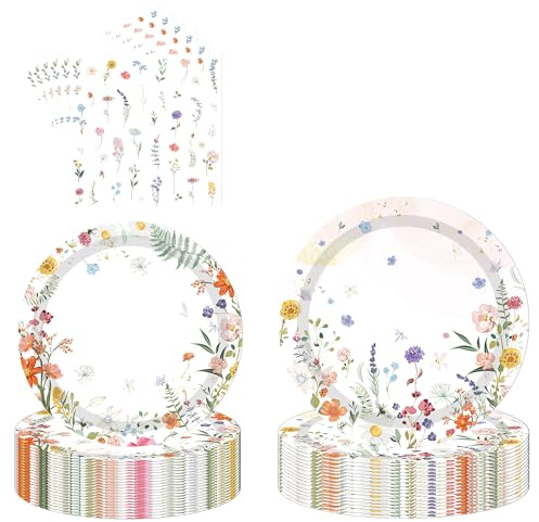 Floral Theme Party Tableware Set - 96 Pcs Tea Party Tableware Paper Plates Napkins Flower Theme Dinnerware Supplies For Wedding Birthday Afternoon Tea Table Decor Serve 24 Guests